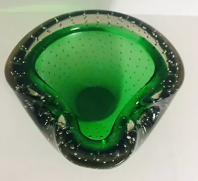 Venetian Art Glass Ashtray Bowl Green Bullicante Controlled Bubble Murano Italy • $38