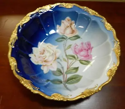 Antique R S Prussia Style Bavaria Rose Floral Gold Accent Molded Bowl 10  • $15