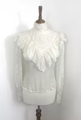 Vintage Gunnesax White Embroidered Lace Edwardian Style Blouse Shirt UK 8 10 • £44.99