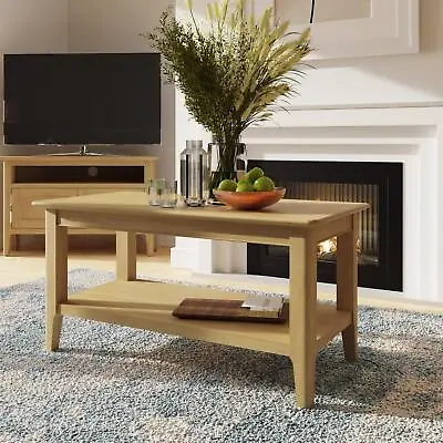 Natural Oak Finish Large Coffee Table With Shelf Living Room Furniture • £109