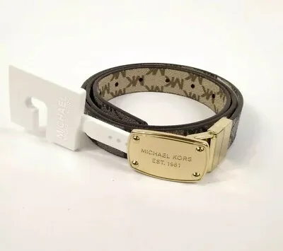 Michael Kors Belt Twist Reversible MK Gray Tan Logo Gold Buckle Medium M NWT $48 • $33.82
