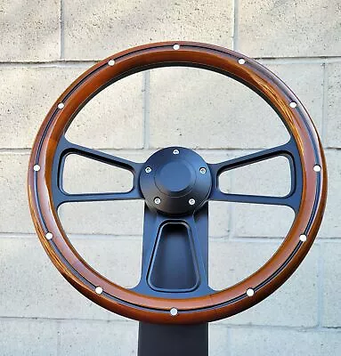 14  Black Tri Spoke Billet Steering Wheel Mahogany Grip Real Aluminum Rivets • $155.74