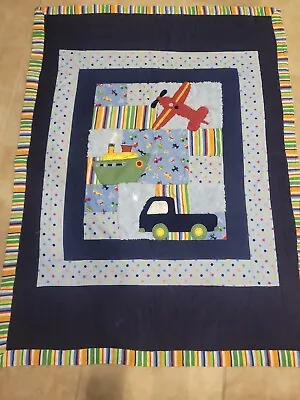 CARS BOATS AIRPLANES   Blue Blanket Crib Quilt 42x 56   Bedding Handmade  • $16.49