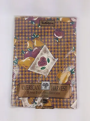 Round Vinyl Tablecloth Fall Decor Autumn Pears Apples Yellow Checkered • $14.99