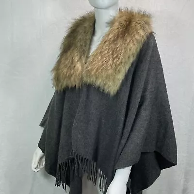 J. Crew Poncho Wrap Shawl Cape Grey With Fringe And Faux Fur Collar One Size • $74.99