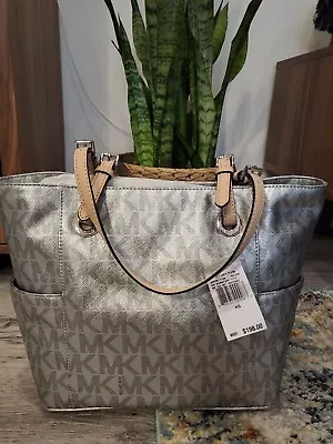 BRAND NEW WITH TAG - Michael Kors Jet Set Signature Tote In Metallic Silver • $110