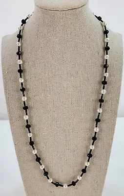 Vintage Faux-Pearl And Acrylic Black And White Beaded Necklace 24  Barrel Clasp • $9