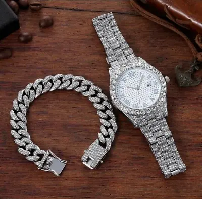 Mens Silver Statement Watch And Bracelet Set-bling Jewlery-birthday Bangle Gift • £22.99