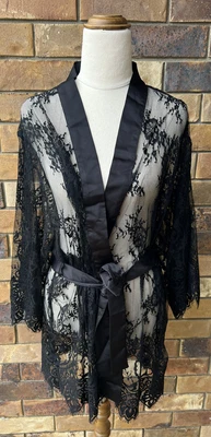 $50 • Buy Hanky Panky Size Medium Black Lace Satin See Through Dressing Gown Robe