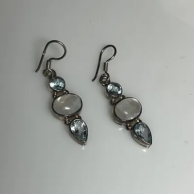 Moonstone And Faceted Blue Topaz 925 Sterling Silver 3-Gem Dangle Earrings 8a • $30