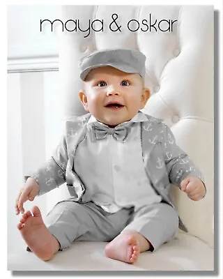 Baby Boy Grey Outfit Anchor Sailor Set Wedding Suit Christening Baptism Party  • £39.99