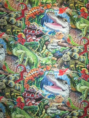 Realistic Reptiles Snake Cameleon Alligator Turtle More Cotton Fabric Fq  • $3.99