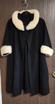 Vintage FORSTMANN Black Wool Swing Coat W/White Mink Collar & Cuffs • $65