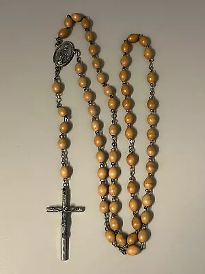 Vintage Wood Silver Tone Rosary Beads Catholic Religious  ITALY • $4.99