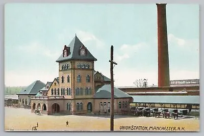 Manchester NH~Union Railroad Depot~Pyramid Hip Roof Clocktower~Buggy Line~c1910 • $9