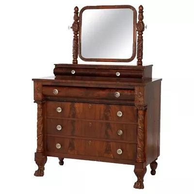 Antique American Empire Carved Flame Mahogany Dresser With Mirror Circa 1840 • $1560