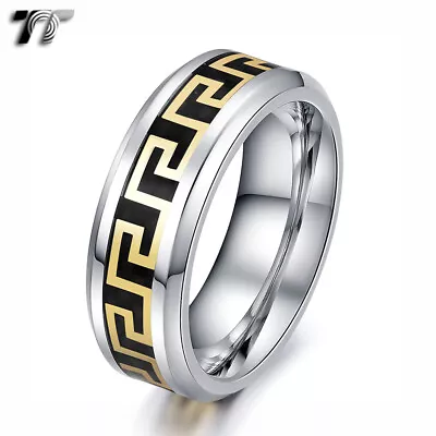 TT Stainless Steel Gold/Black Greek Key Band Ring Size 7-15 (R388) NEW • $17.99