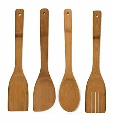 £3.49 • Buy 4 X BAMBOO SPOONS Wooden Spatula Spoon Kitchen Cooking Utensils Tools Turner Set