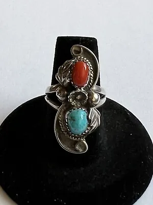 Vintage Navajo Woman's Coral And Turquoise Ring - Sterling Silver Size 7 • $98