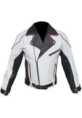Mens Biker Style Racers Jacket White & Black Real Leather Slim Fit Casual Jacket • £112.99