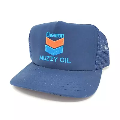 Vintage Chevron Muzzy Oil Refinery Gas Blue Logo Black Snapback Hat Dad Cap • $27.95