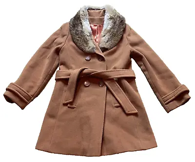 Vintage 60s 70s Disco Wool Belted Fur Collar Double Breasted Short Trench Coat S • $84.99