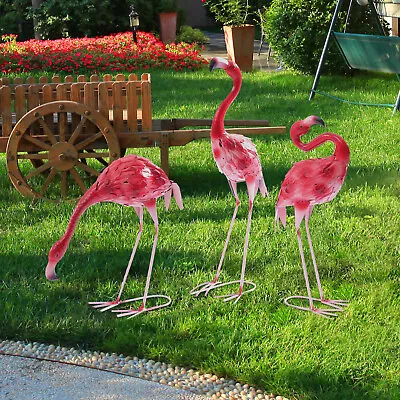 3 Pack Vintage Garden Flamingo Statue Metal Sculpture Pink Animal Yard Art 🔥 • $55.10