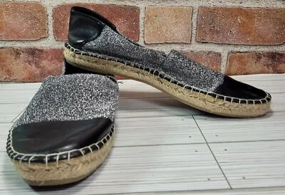 Zara Basic 37 5.5 Silver Sparkle Black Woven Slip On Loafers Shoes Flats • $20.90