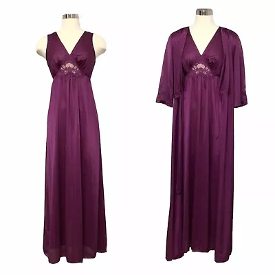 Vintage Lorraine 2 Piece Long Peignoir Robe (M) Nightgown (S) Purple Lace Nylon • $125