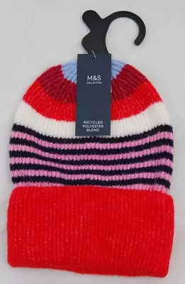 Marks & Spencer Collection Red Navy Mix Beanie Bobble Hat - Ladies One Size • £5.80