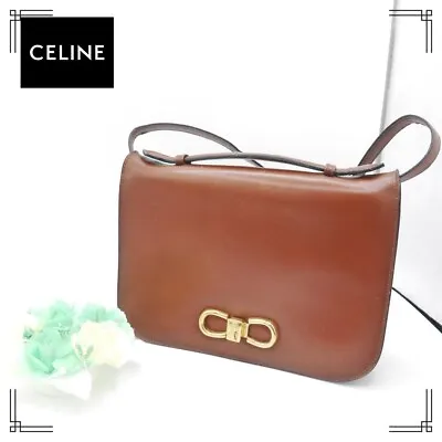 Vintage Old Celine Leather Handbag Shoulder Bag Clutch Brown Carriage Metal • $298