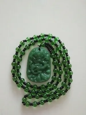 Beautiful Hand Carved Green Jade Dragon Lucky Amulet Pendant Necklace-UK Seller • £6.99