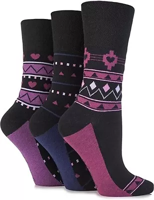£5.99 • Buy 3 Pairs Womens Black Purple Hearts Gentle Grip Honey-Comb Non Elastic Socks 4-8