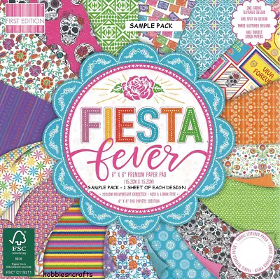 FIESTA FEVER Dovecraft 6 X 6 Glitter Sample Paper Pack - 200 Gsm Skulls Flowers • £1.75