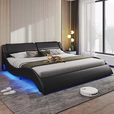 California King Bed Frame With LED Light Modern Faux Leather Wave Like Curve Bed • $309.89