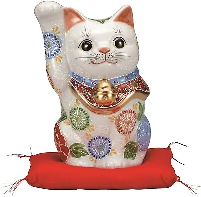 Maneki Neko KUTANI YAKI WARE Japanese Lucky Cat White Mori Red Mat Japan 21.3cm • $555.65