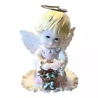 VTG Morehead Holly Babes ANGEL FIGURINE EASTER EGG BASKET Pastel Pink Glittering • $15