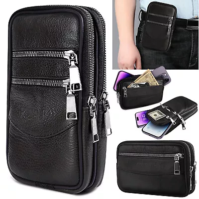 Men Cell Phone Pouch Belt Waist Bag Real Leather Loop Holster Case Wallet Cover • $10.90