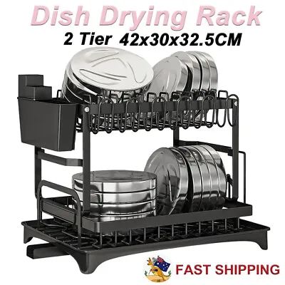 2 Tier Dish Drying Rack Plate Drainer Cutlery Holder Kitchen Organizer Storage • $36.95
