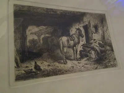 Original Etching Peter Moran  A Noonday Rest  Horse Stable Dogs • $125