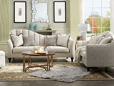 ON SALE - Mid Century Modern Channel Tufted Beige Fabric Sofa Loveseat Set IRB7 • $2884.89