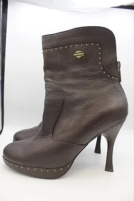 Harley-davidson Lizabeth Brown Leather Stud Heel Ankle Boots Womens Size 9.5us • $150