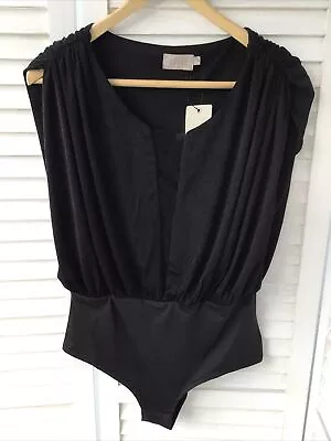 COAST Black Body 12 L Ruched Shoulders BNWT Mesh V Neck Front Bodysuit Grecian • £19.99