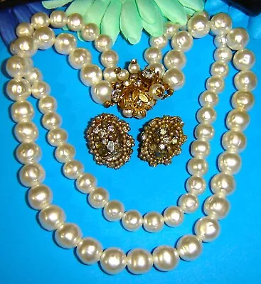 Vintage Rhinestone Baroque Pearl Miriam Haskell Necklace  Earrings  A-621 • $19.99