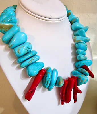 Vintage Chunky Turquoise Howlite Nugget Necklace W/ Red Branch Coral Accents-18  • $59