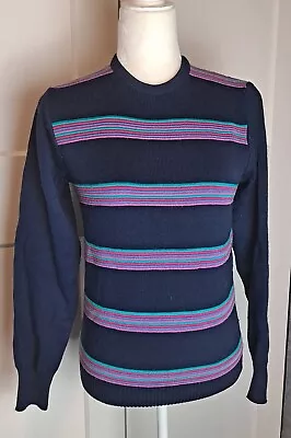 169. Vintage Meister Womens Navy Pullover Bright Striped Wool Ski Sweater 1980s • $33.95