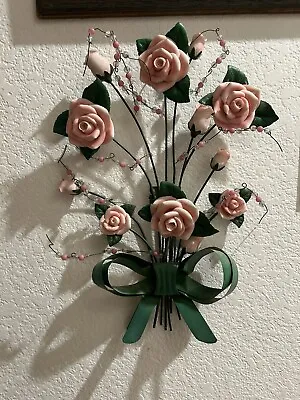 Vintage Pink Bouquet Of Roses W/Bow Wall Hanging Porcelain Resin & Metal • $28