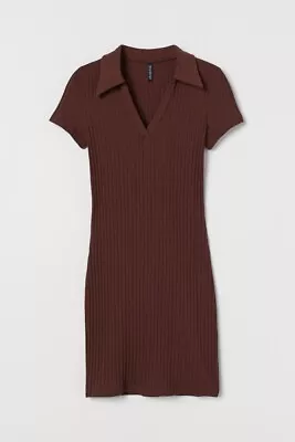 H&M Brown Ribbed Collared Jersey Bodycon Dress XXS • £6