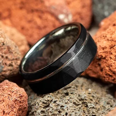 Black & Silver Strip Hammered Brushed Tungsten Mens Wedding Ring 8mm • $99.98