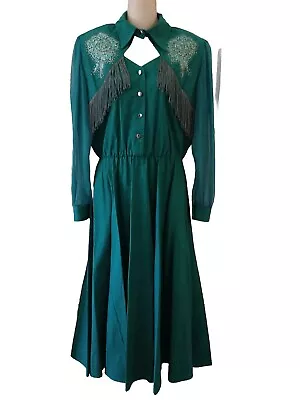 Vintage 80s Lilia Smitty Fringe Glitter Keyhole Sheer Sleeves Western Dress 9-10 • $34.99